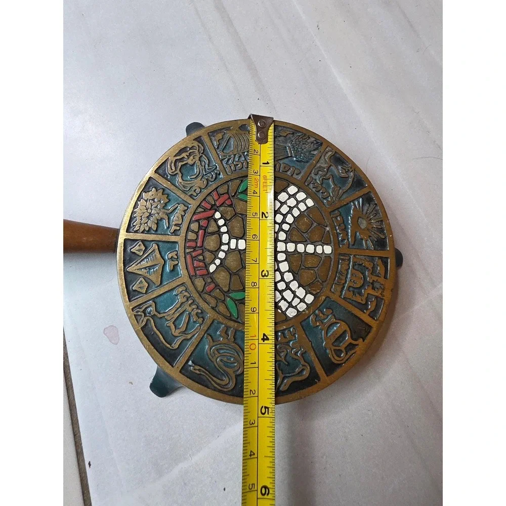 Vintage Israel Brass Cast Iron Trivet 12 Tribes of Israel Menorah Wooden A5 - Picture 13 of 15